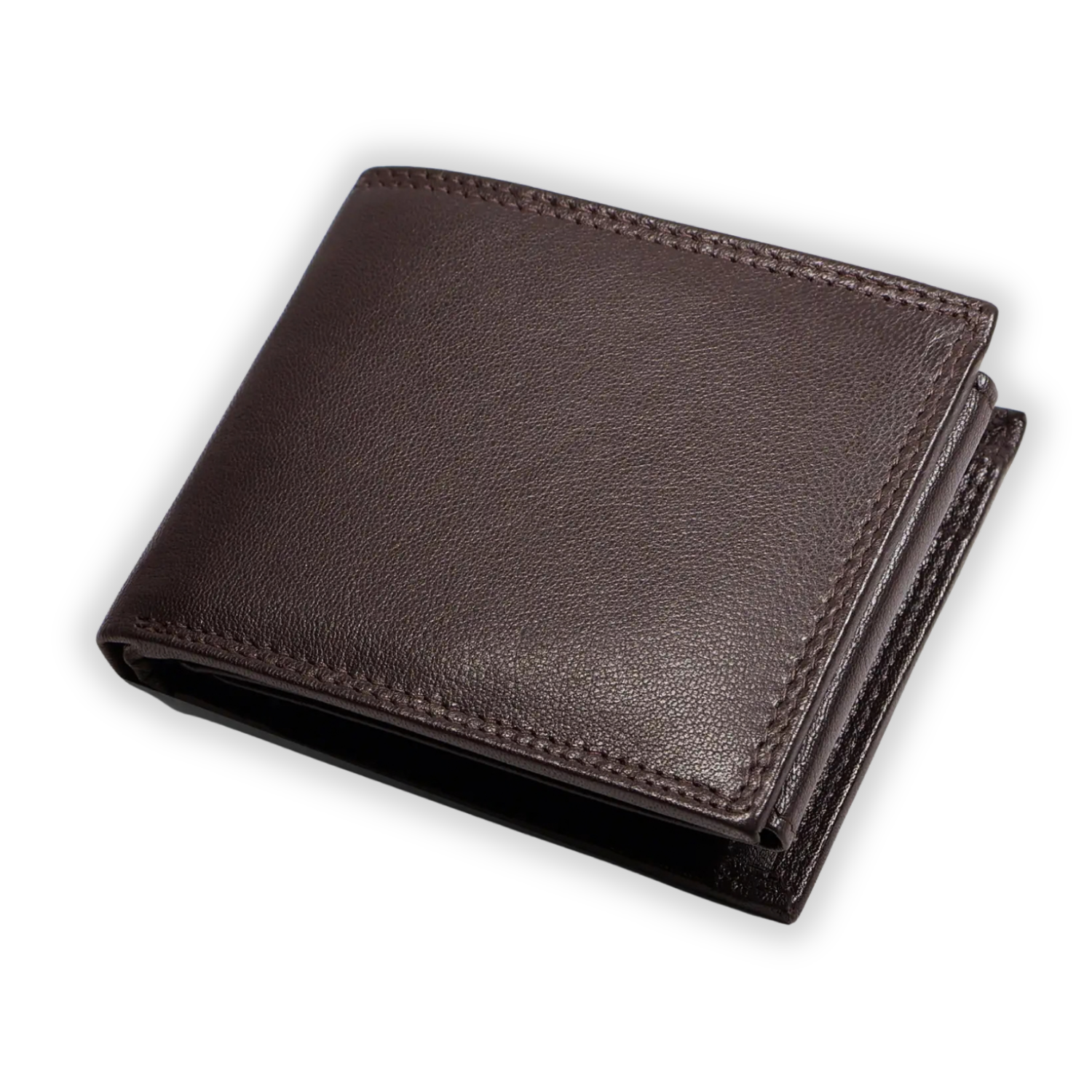 Closed dark brown leather wallet with fine surface texture and matching perimeter stitching
