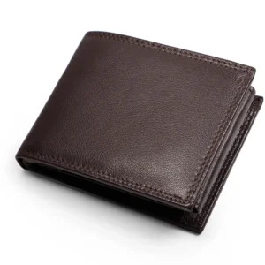 Closed dark brown leather wallet with fine surface texture and matching perimeter stitching