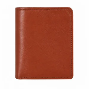 Closed cognac brown men’s leather bifold wallet with a plain textured exterior and stitched edges