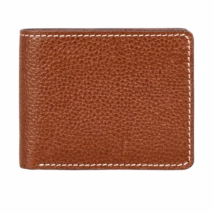 Closed cognac brown leather bifold wallet with pebbled texture and cream contrast stitching