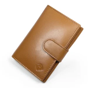 Closed tan leather card organiser wallet with a rounded tab closure and matching edge stitching