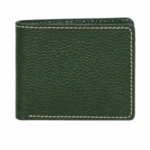 Closed dark green men’s leather bifold wallet with pebbled texture and cream contrast stitching
