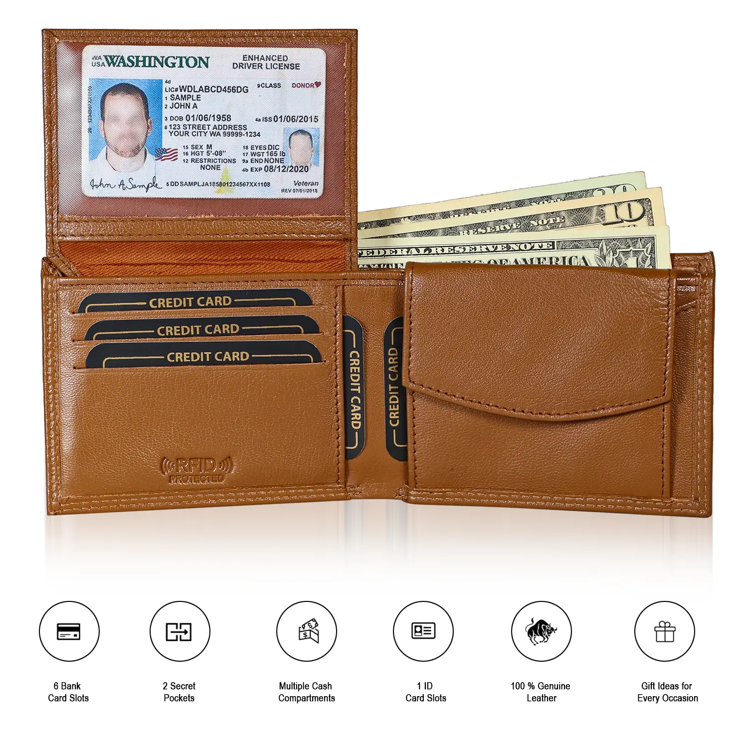 Open tan leather wallet with raised ID window, horizontal card slots and flap coin pocket
