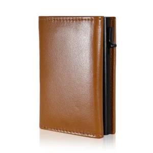 Side view of a tan leather Side pop-up wallet showing raised cards, a side trigger and an external zip coin pocket