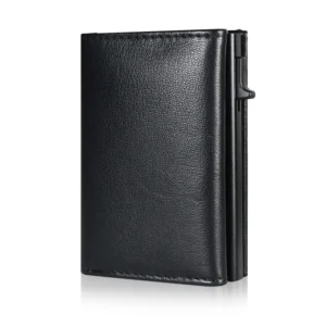 Front view of a black leather pop-up wallet showing raised cards, a side trigger and an external zip coin pocket