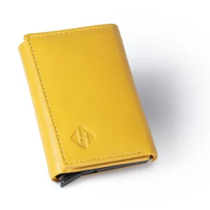 Open yellow trifold wallet showing a black pop-up card holder, two side card pockets, banknotes and snap closure