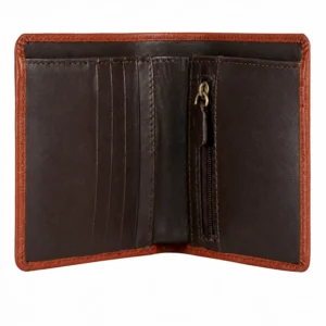Open two tone leather wallet showing dark brown card slots, a banknote section and an internal zip pocket