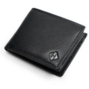 Closed black leather wallet with fine surface texture, matching edge stitching and a small metal emblem