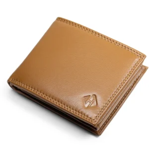 Closed tan leather wallet with fine surface texture, matching stitching and an embossed corner emblem