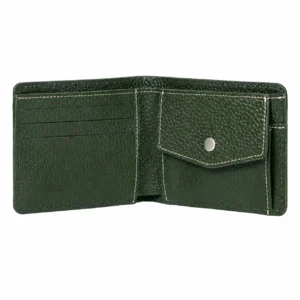 Open dark green leather wallet with tiered card slots and a flap coin pocket secured by a metal snap