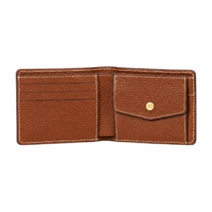 Open cognac leather wallet showing three card slots and a flap coin pocket with a gold-tone snap