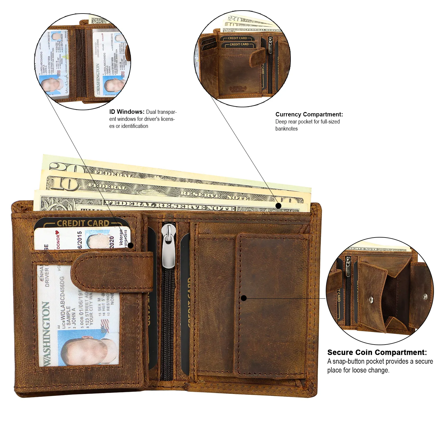 Vintage Brown Vertical Leather Wallet with Dual ID Windows | SKF-W-1338H - Image 3