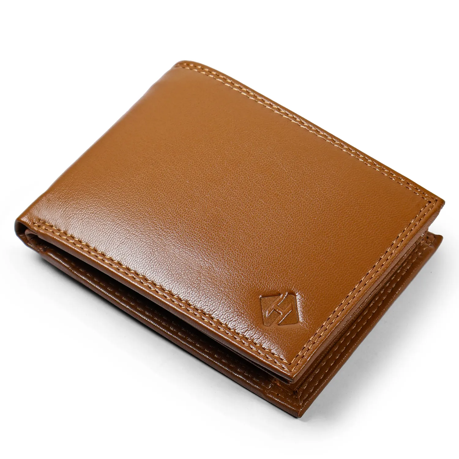 Closed tan leather bifold wallet with fine surface texture and matching perimeter stitching