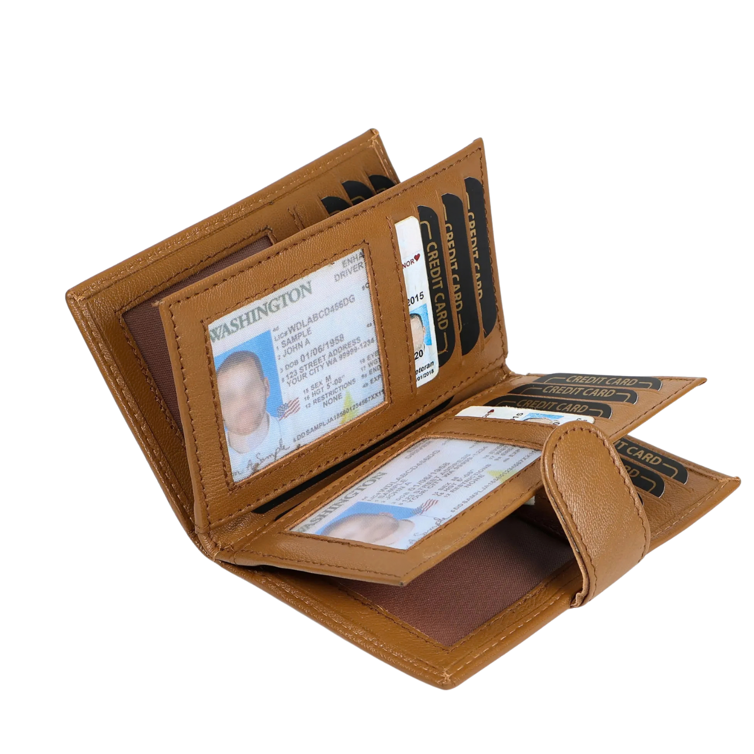 Open tan leather card organiser with raised folding panels, tiered card slots and transparent ID windows