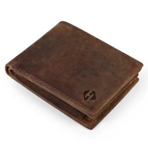 Closed vintage brown leather bifold wallet with distressed-look surface and matching edge stitching
