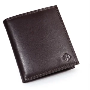 Closed dark brown vertical leather wallet with fine surface texture, matching stitching and an embossed corner emblem