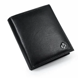 Closed black vertical leather wallet with fine surface texture, matching edge stitching and an embossed corner emblem