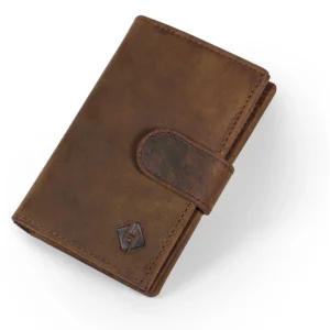 Closed vintage brown leather card organiser with a rounded closure tab and stitched edges