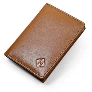 Closed tan leather bifold card holder with textured exterior, rounded corners and matching edge stitching