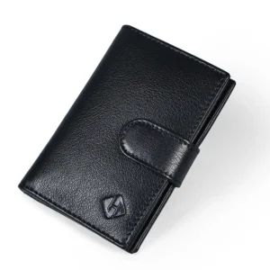 Closed black leather card organiser wallet with a rounded tab closure and stitched edges
