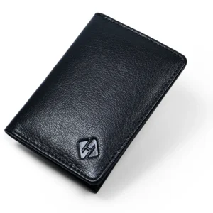 Closed black leather bifold card holder with a textured exterior, rounded corners and stitched edges