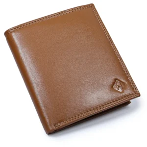 Open tan wallet showing five visible tiered card slots, a long retaining strap, rear currency storage and a flap coin pocket