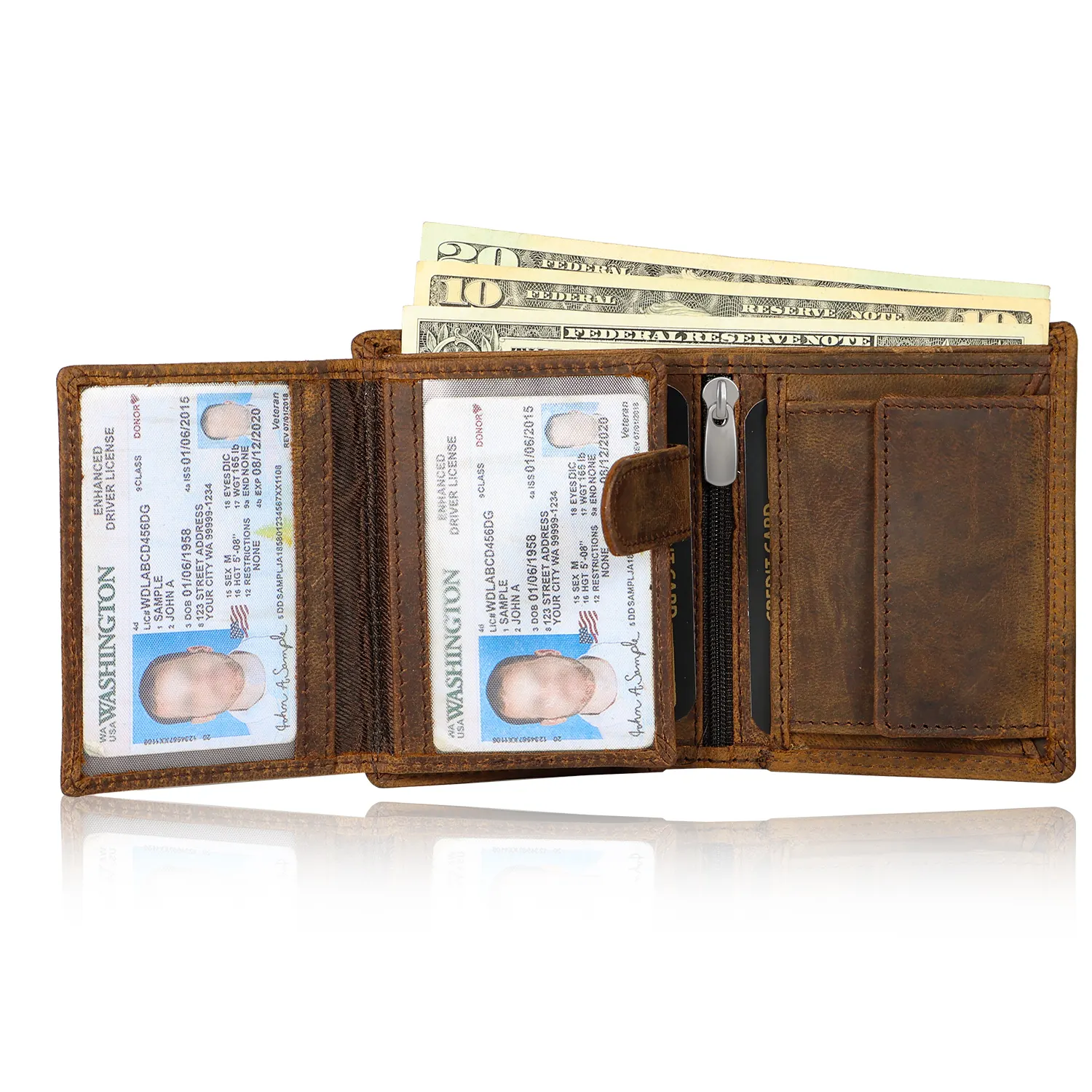 Vintage Brown Vertical Leather Wallet with Dual ID Windows | SKF-W-1338H - Image 4