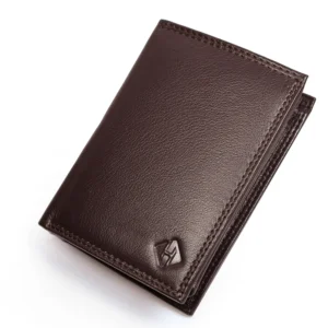 Closed dark brown leather wallet with textured exterior and matching edge stitching