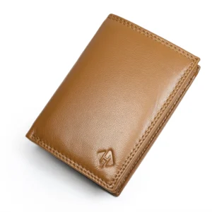 Tan leather bifold wallet shown closed with tonal edge stitching and a small embossed corner emblem.