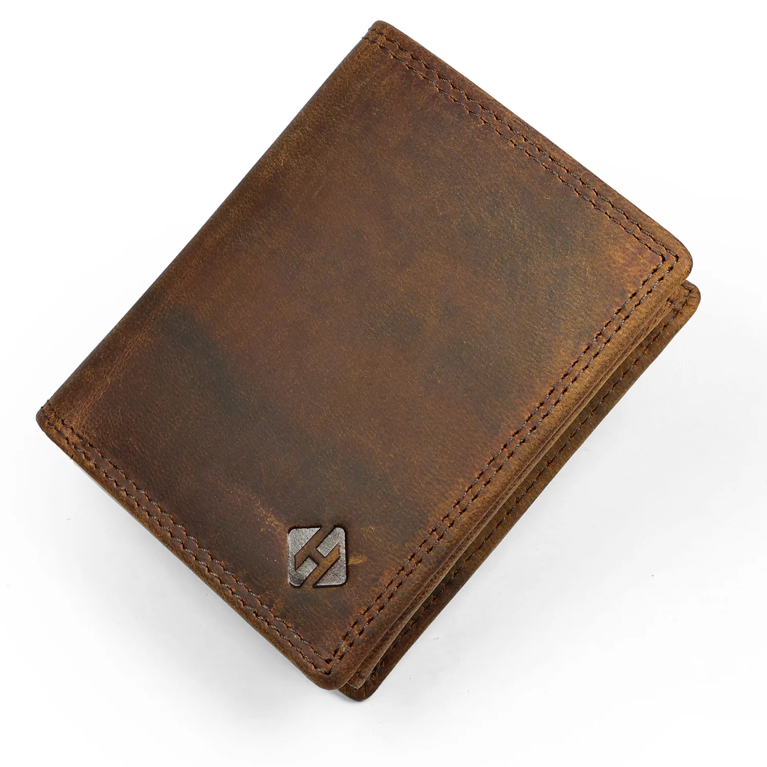 Closed vintage brown vertical wallet with a distressed surface, matching stitching and an embossed corner emblem