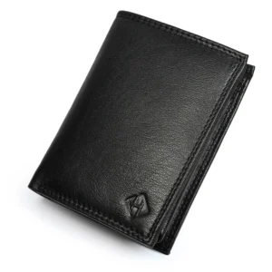Closed black leather wallet with a vertical profile, textured exterior and matching edge stitching