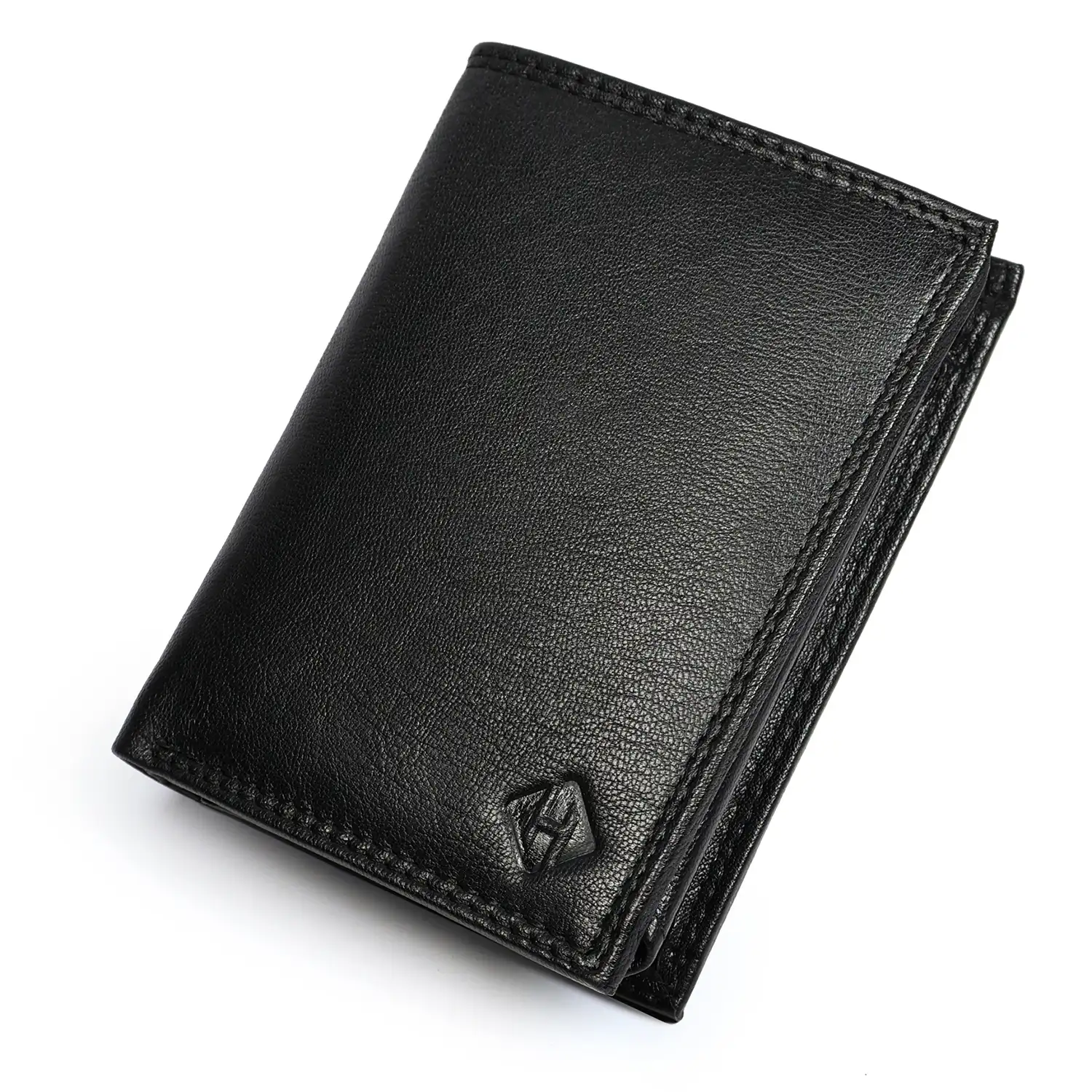 Closed black leather wallet with a vertical profile, textured exterior and matching edge stitching