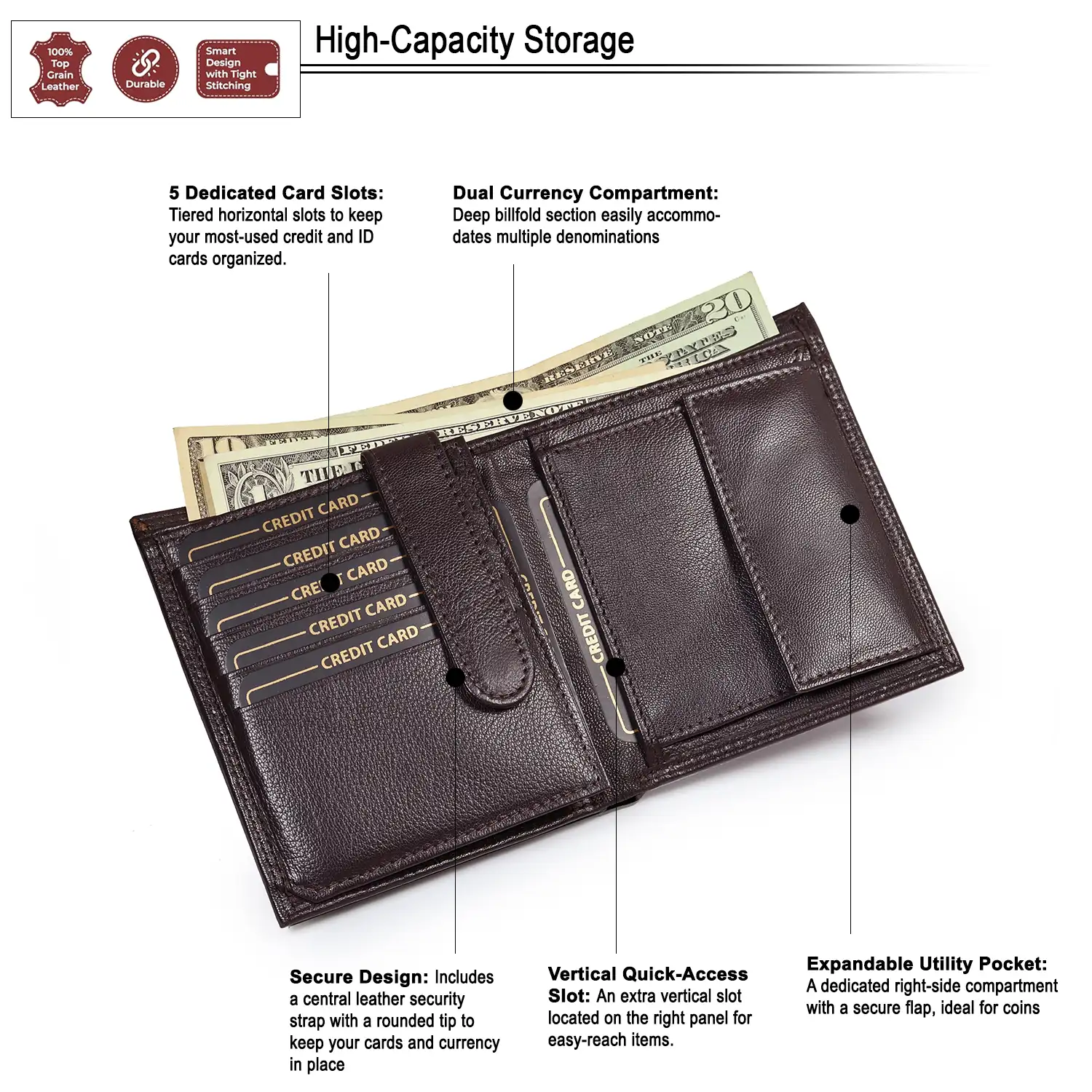Dark Brown Vertical Leather Wallet with Card Strap & Coin Pocket | SKF-W-1337BR - Image 3