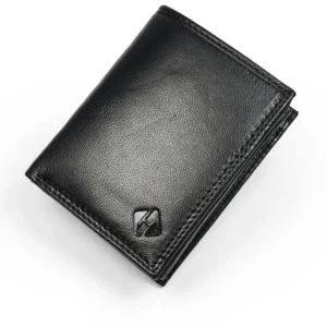 Black vertical wallet with textured exterior, matching edge stitching and an embossed corner emblem
