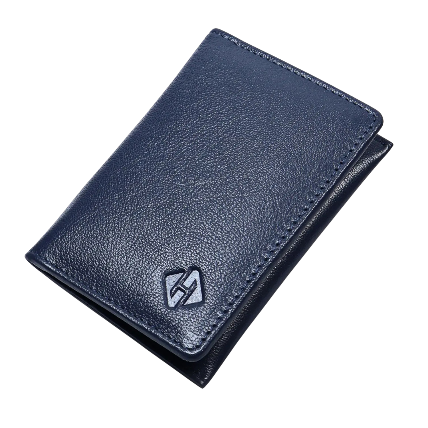 Navy blue leather bifold card holder standing closed, showing textured exterior and stitched edges