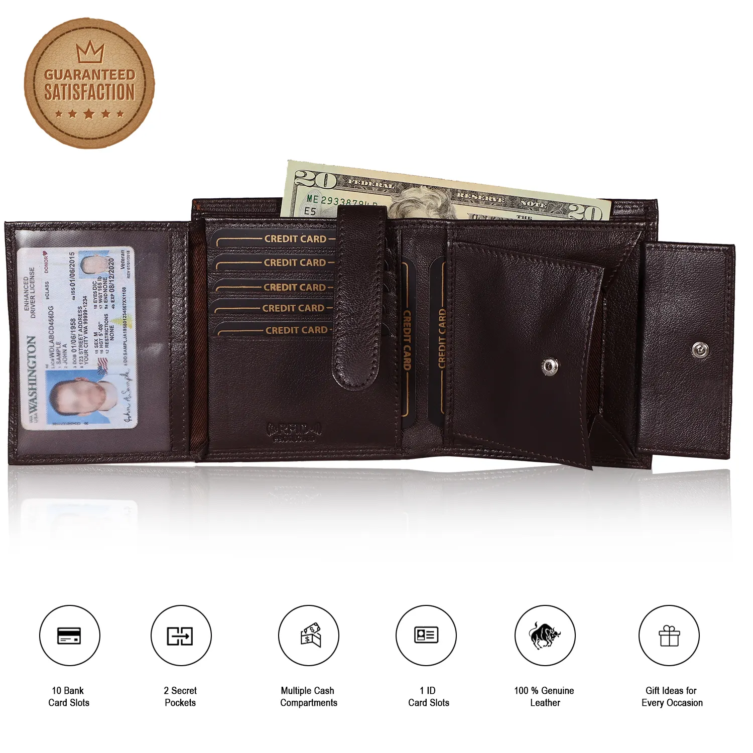 Open dark brown wallet with five visible tiered card slots, a retaining strap, rear currency storage and a flap coin pocket