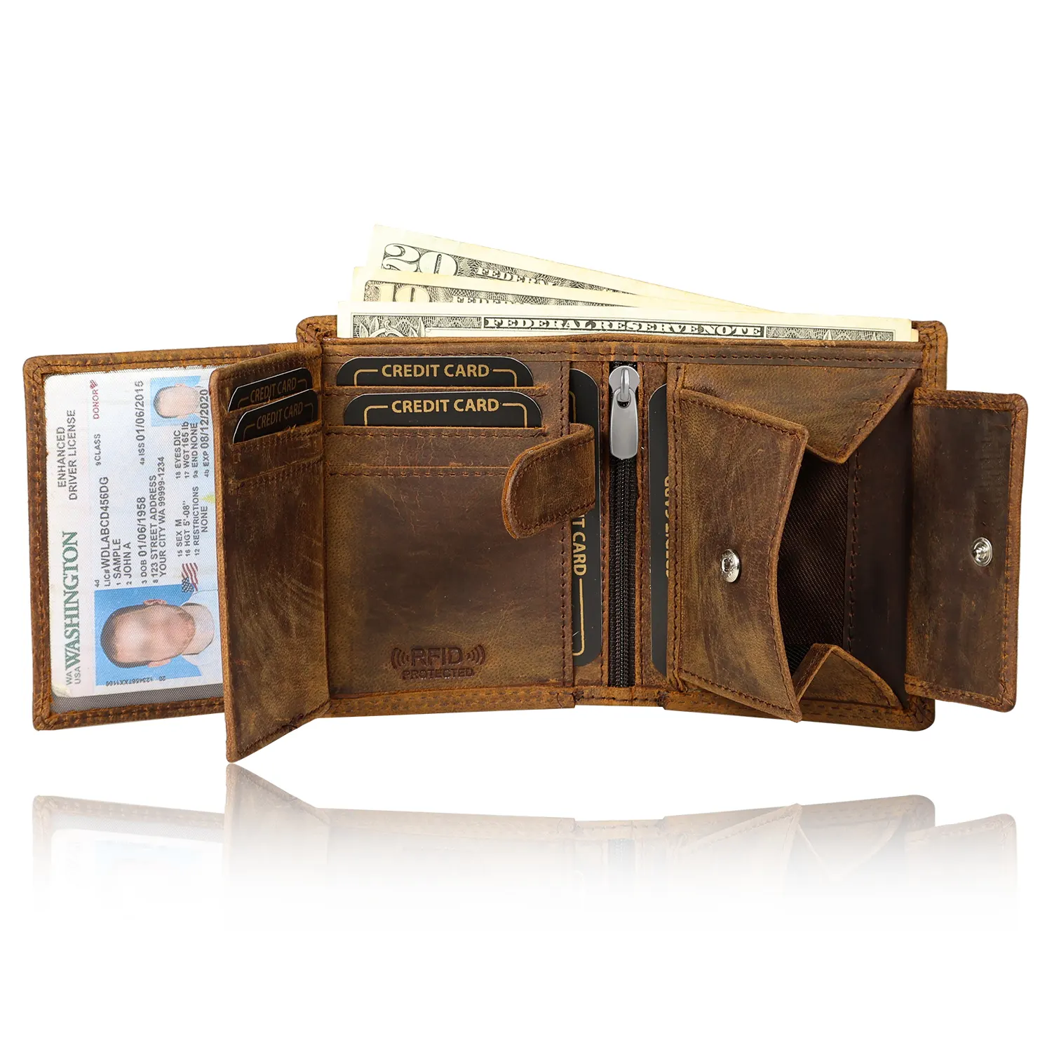 Brown wallet feature diagram highlighting dual ID windows, rear currency storage and an expanding snap-button coin pocket