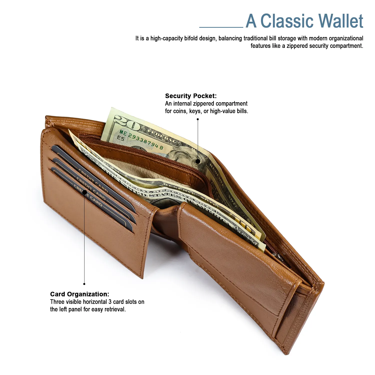 Wholesale Tan Leather Bifold Wallet with Coin Pocket | SKF-W-1334TN - Image 4