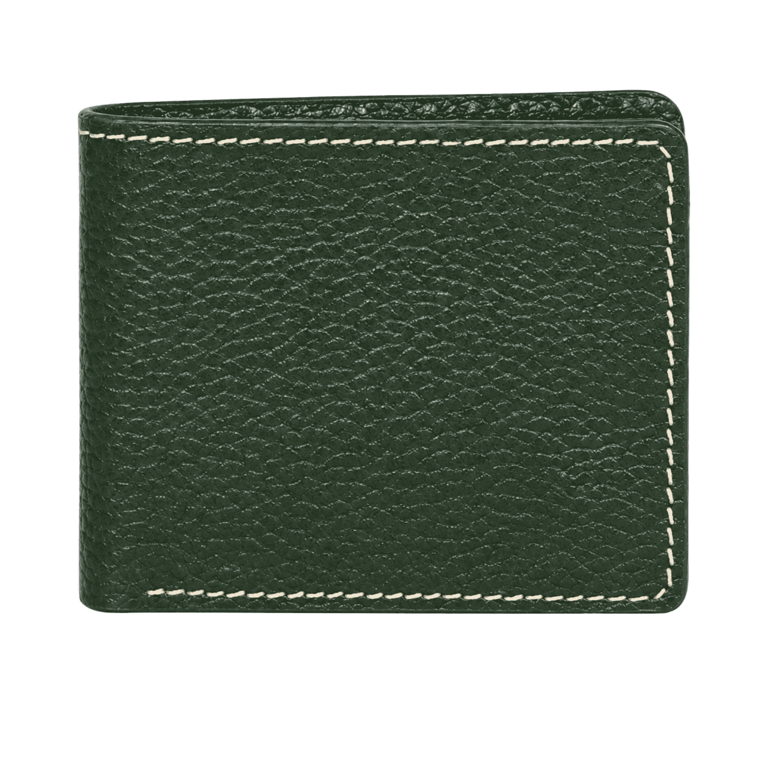 Closed dark green men’s leather bifold wallet with pebbled texture and cream contrast stitching