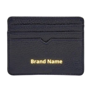 Front of a dark navy leather card holder with multiple slots and gold foil branding