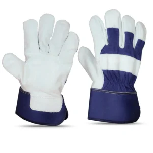 Leather Palm Work Gloves with Blue Fabric Back and Cuff