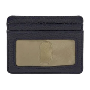 Reverse of a dark navy leather card holder with a clear ID window