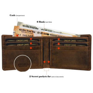 Brown bifold wallet interior showing card slots, concealed pockets and a cash compartment