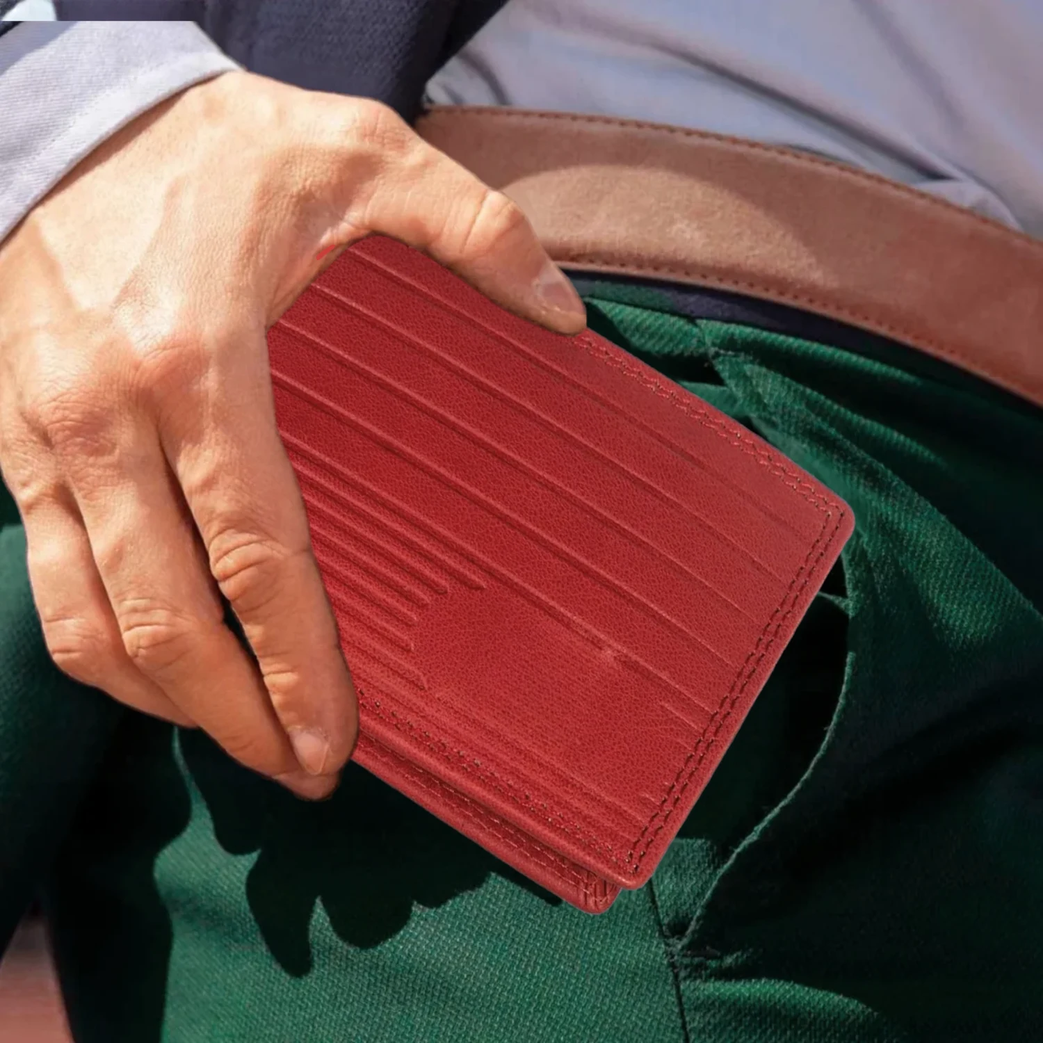 Men’s Red Linear Embossed Leather Bifold Wallet | SKF-WLCL-174 - Image 5