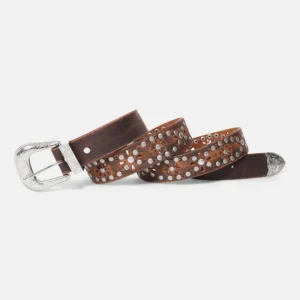 Distressed brown Western leather belt with silver-tone studs, floral cutouts and an ornate buckle
