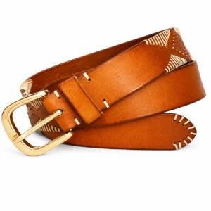 Brown leather belt with contrast whipstitch detailing and gold-tone buckle