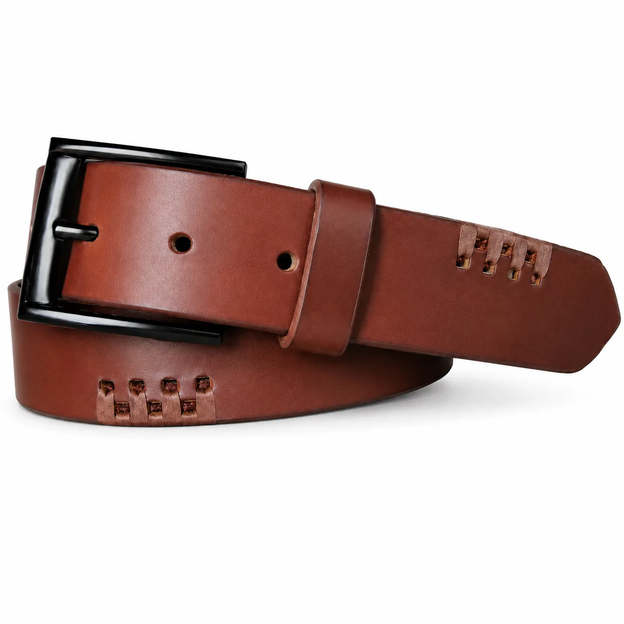 Reddish brown leather belt with a black rectangular buckle and decorative looped detailing