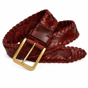 Reddish-brown woven leather belt with braided edges and a gold-tone buckle