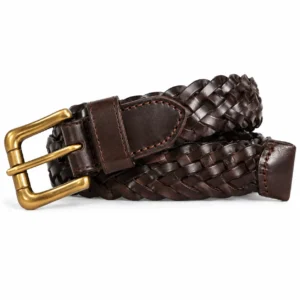Dark brown braided leather belt with stitched detailing and a gold-tone pin buckle