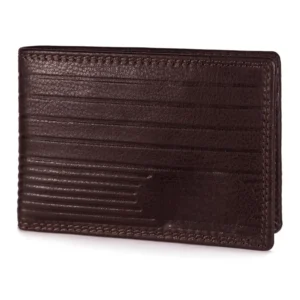 Front view of a dark brown leather bifold wallet with embossed parallel lines and stitched edges